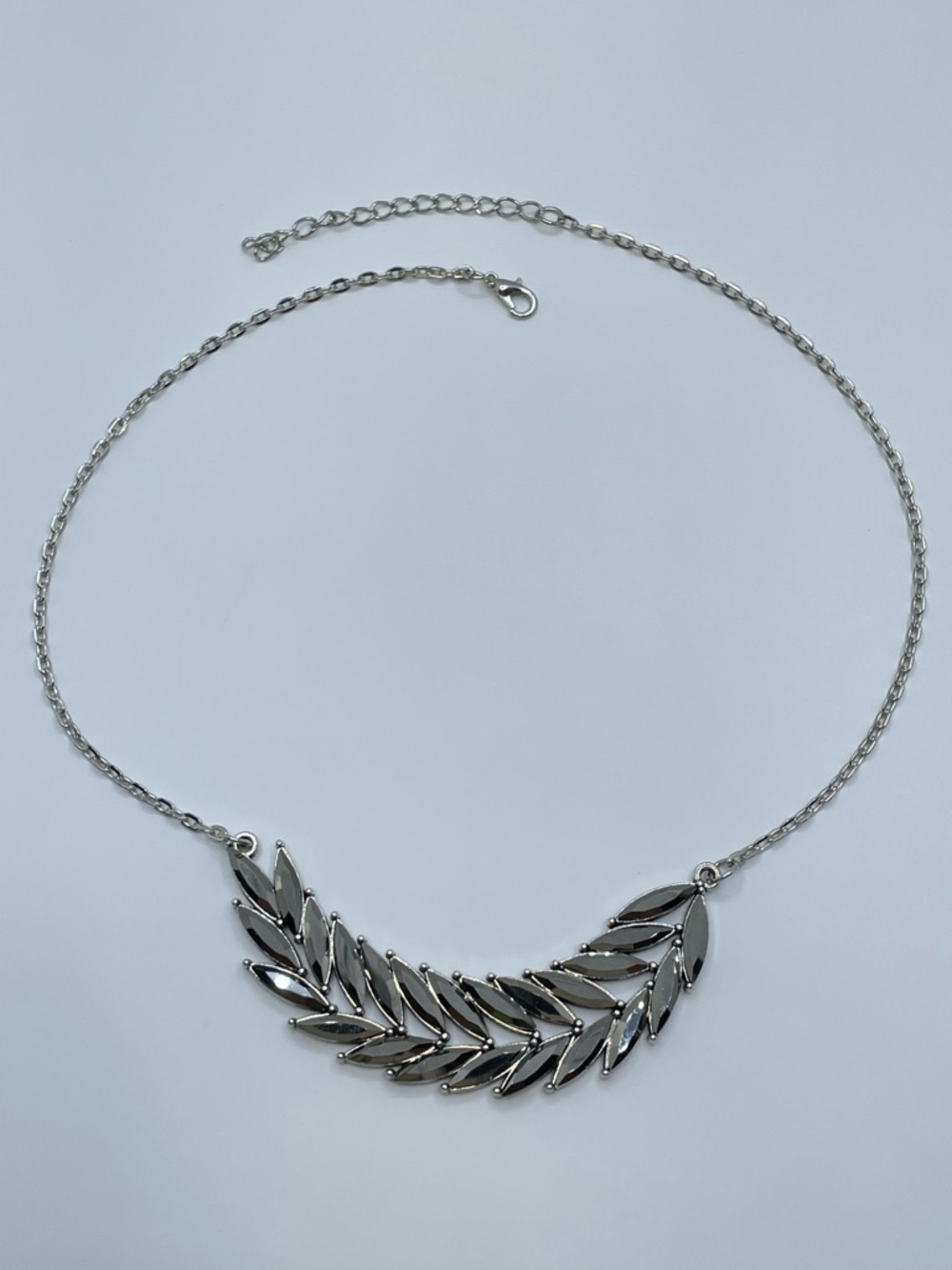 Silver Tone Leaf Crystal Statement Necklace Marquise Fringe Adjustable